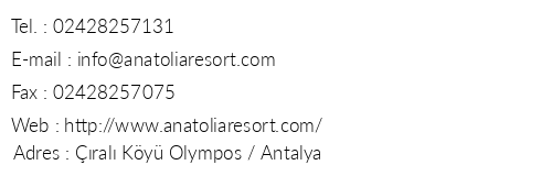 Anatolia Resort telefon numaralar, faks, e-mail, posta adresi ve iletiim bilgileri